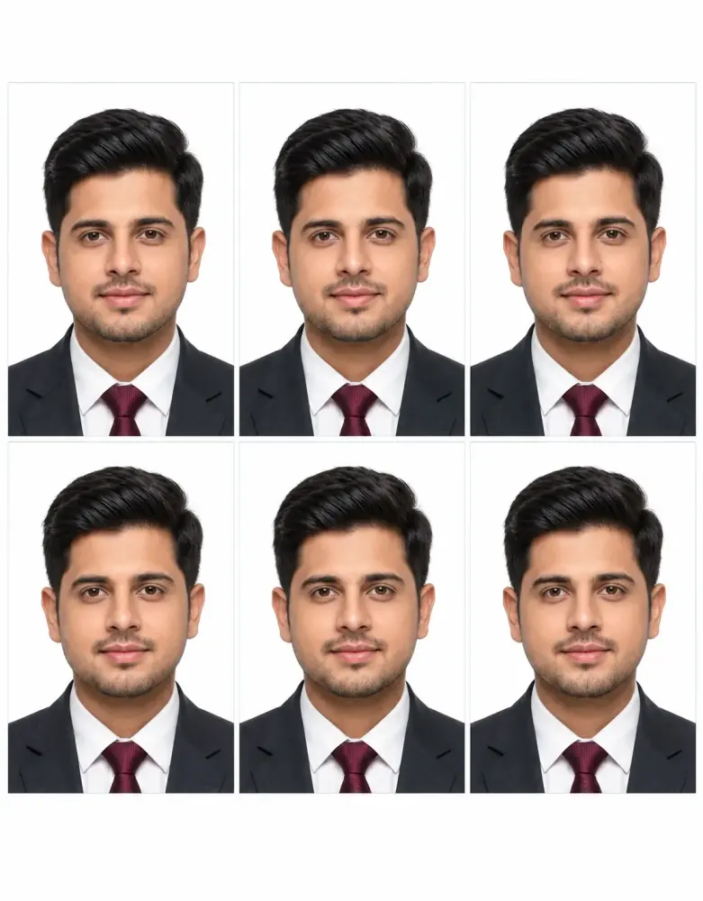 Passport Photo Sheet AI Prompt showing six identical professional portraits of a young Indian man wearing a black suit, white shirt, and burgundy tie in a clean three-column grid.