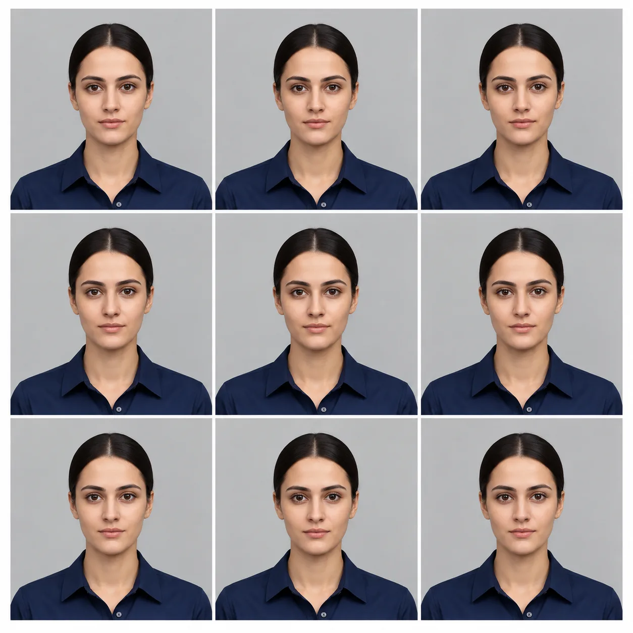 3x3 Passport Photo Sheet AI Prompt showing nine matching professional portraits of a woman wearing the same navy-blue collared shirt against a plain gray background.