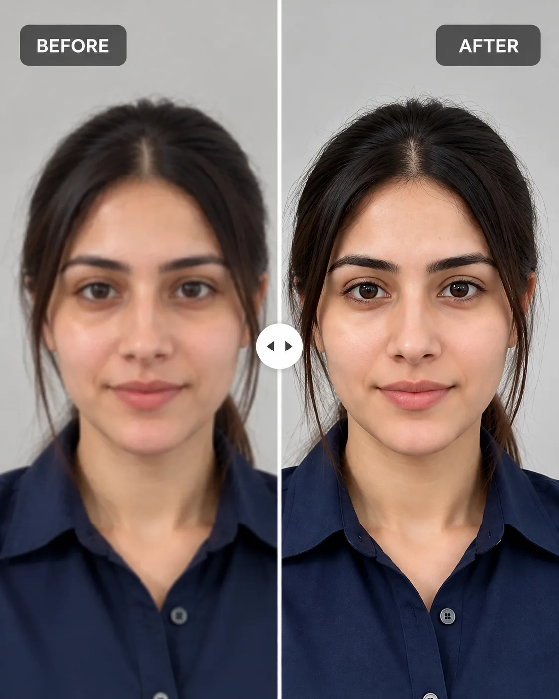 AI Photo Enhancer Before and After Comparison Prompt showing a side-by-side portrait with a blurry before image and a sharper, naturally enhanced after image.