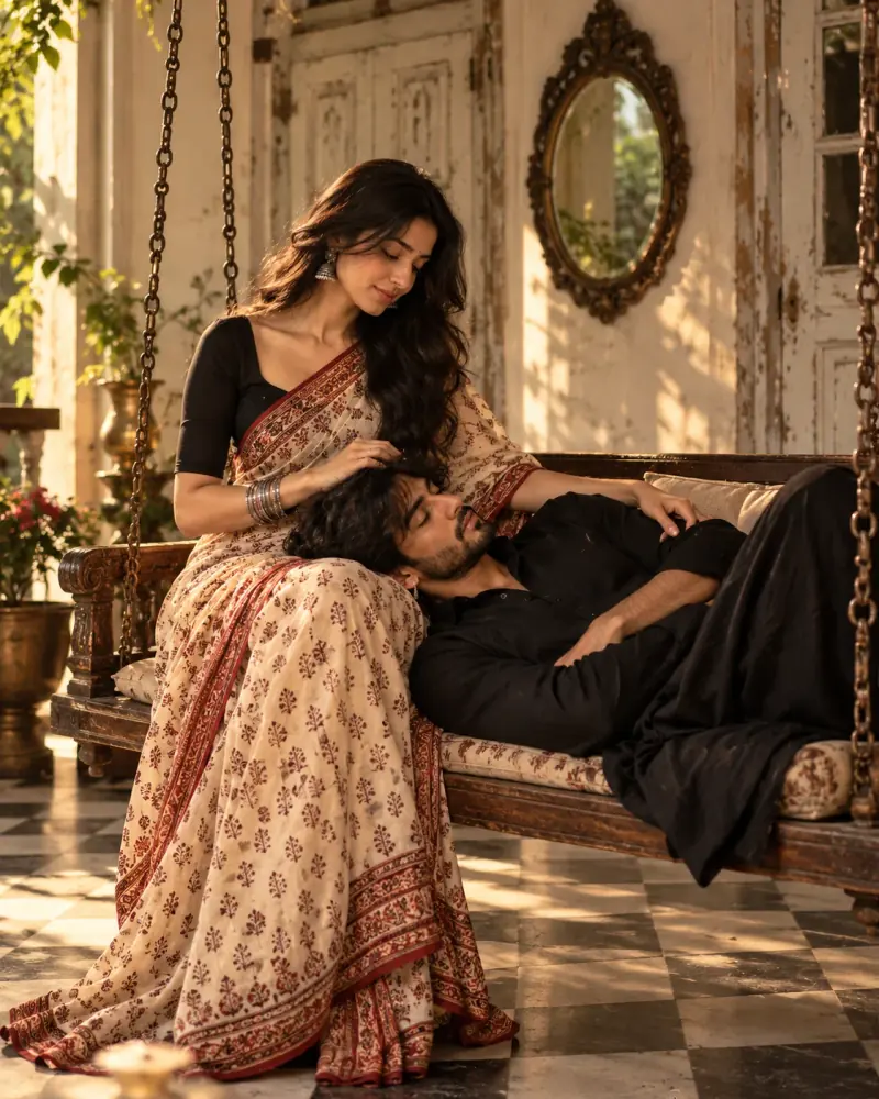 Romantic Indian Couple on a Vintage Swing AI Photo Prompt showing a woman in a cream saree with a red border and a man in black resting in her lap on a wooden swing in a rustic veranda.