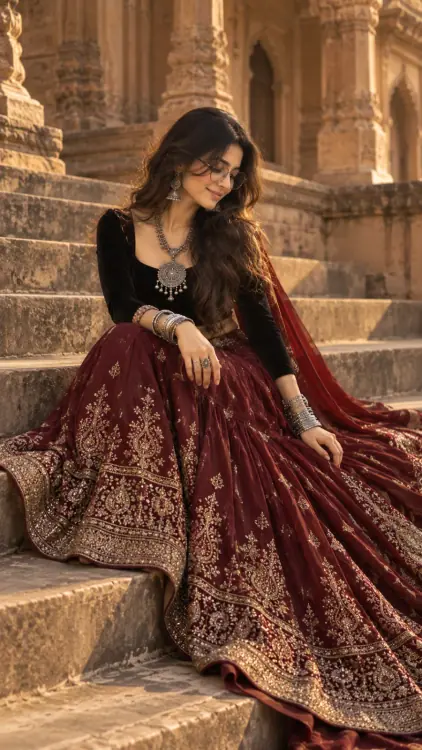 Royal Burgundy Lehenga Heritage Fashion AI Photo Prompt showing an Indian woman in a flowing burgundy embroidered lehenga, black blouse, round glasses, and antique silver jewelry seated on historic palace steps